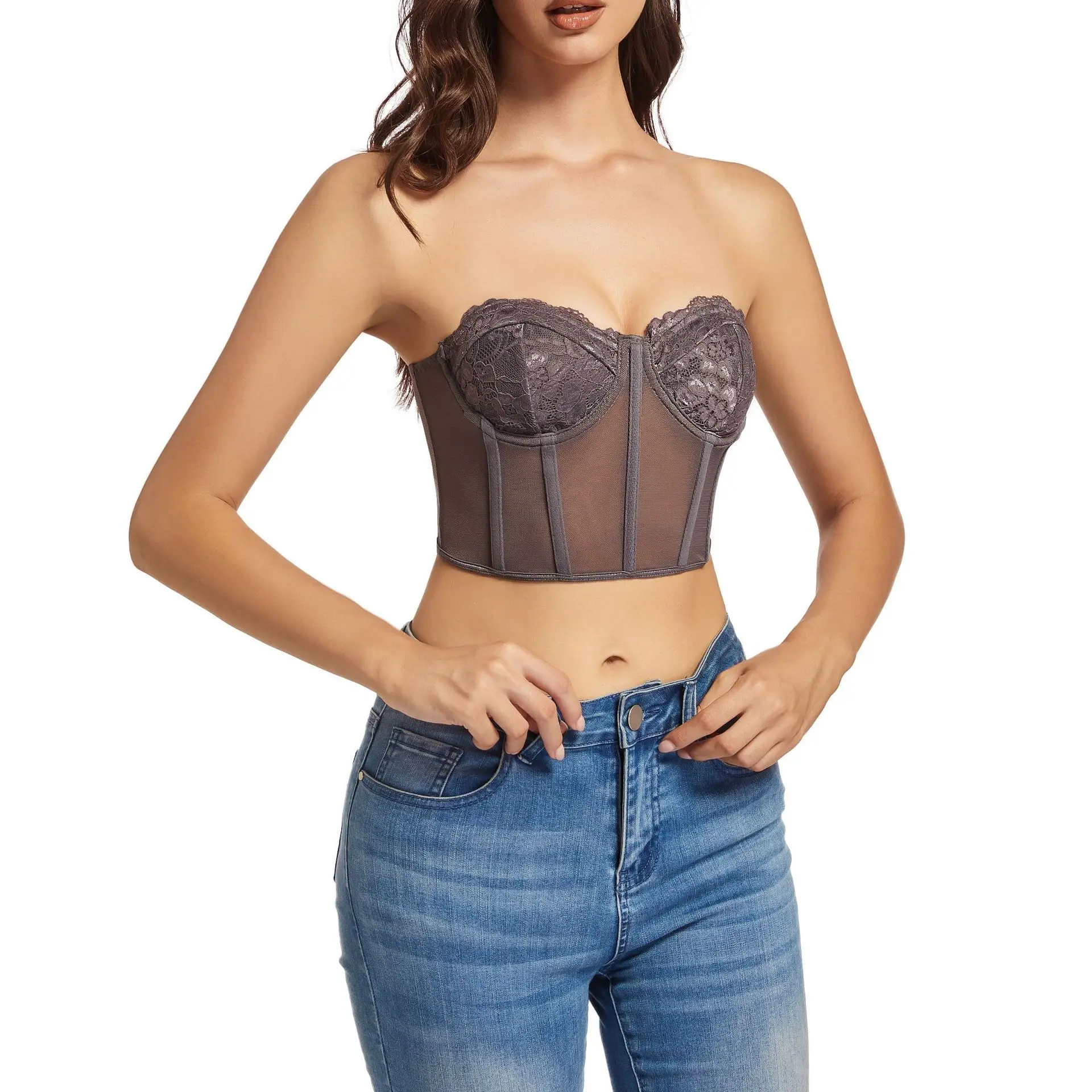 مشد نسائي قصير شبكي بدون حمالات سترة مثيرة مفرغة سترة ضيقة على شكل هيكل السمكة ملابس علوية لصيف 2025