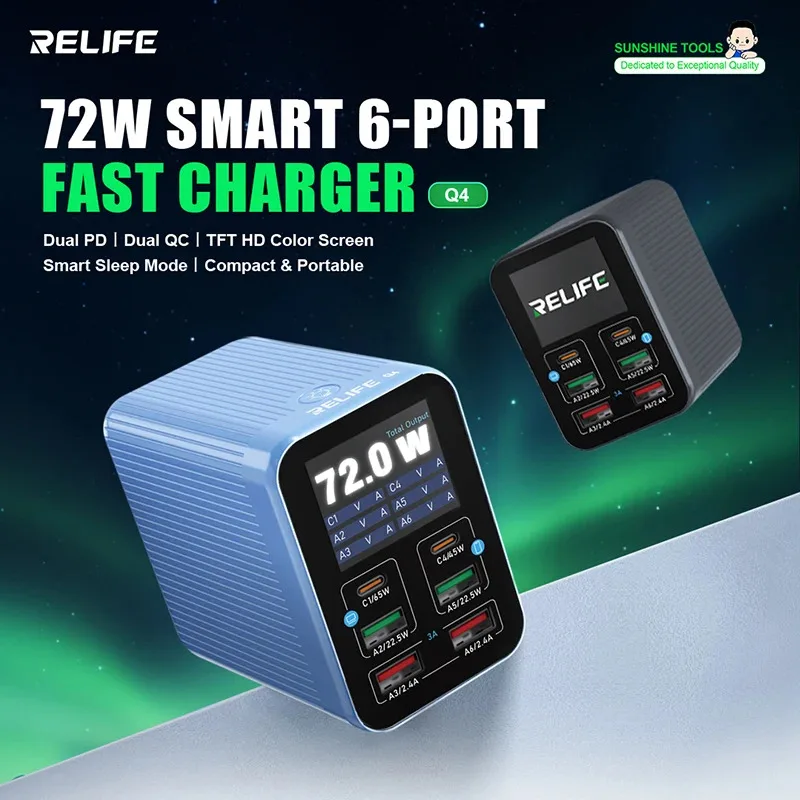 RELIFE Q4 72W Smart 6-Port Fast Charger 2 พอร์ต PD + 2 พอร์ต QC3.0 + 2 USB-A โหมดสลีปอัจฉริยะสำหรับอุปกรณ์อิเล็กทรอนิกส์ต่างๆ
