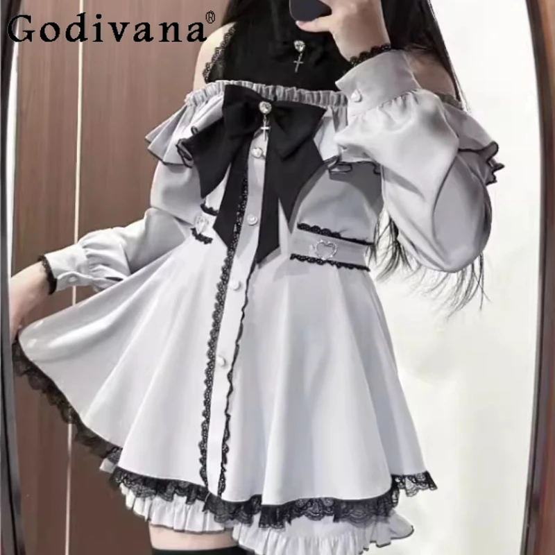 Lente Herfst Zoete Japanse Off-the-shoulder Kant Lange Mouw Jurk Hoge Taille A-lijn Leeftijdsverlagende Vrijetijdsjurken Shorts Sets