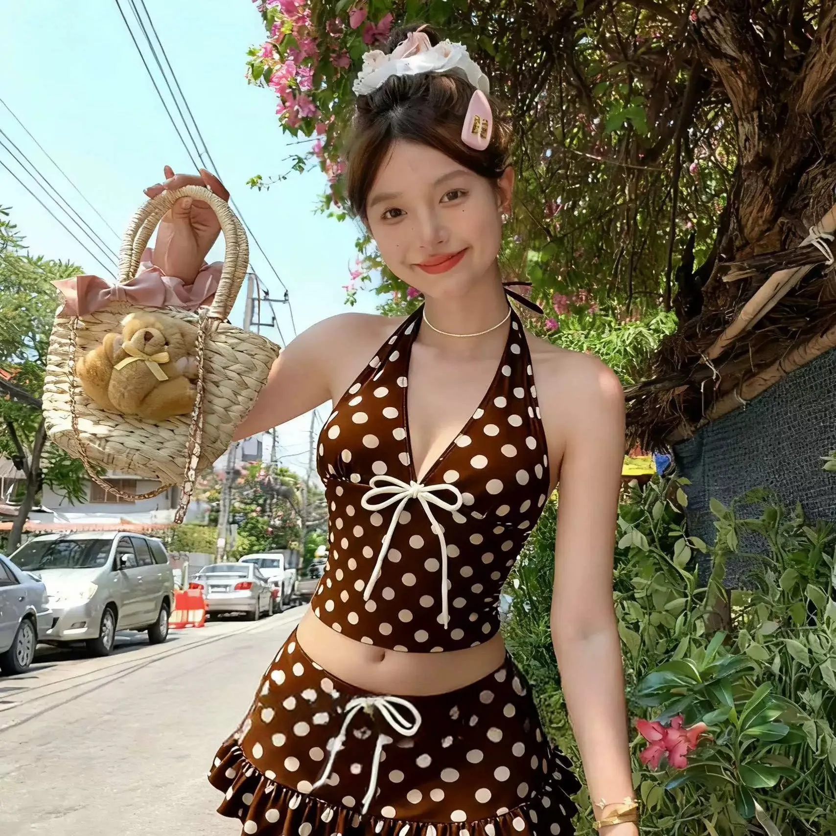 Retro Polka Dot Off-the-shoulder Slimming and Fresh Resort Style Bikini Feminine Swimsuit Women's Summer