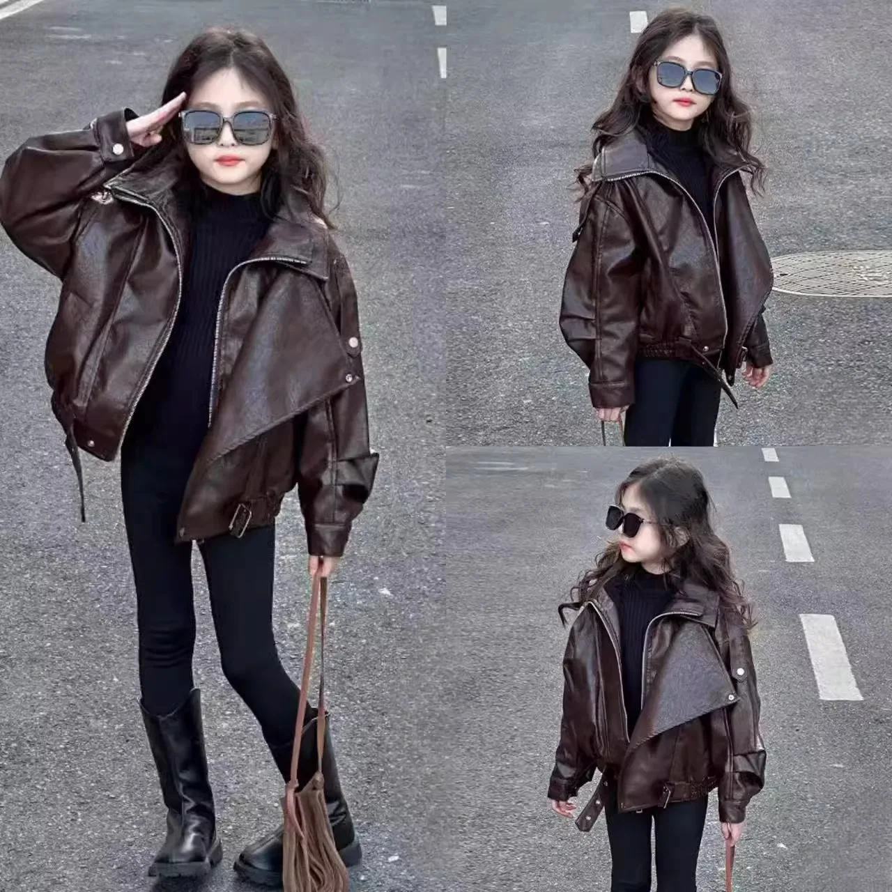 

Осень 2024, детские кожаные куртки для девочек, хлопковая верхняя одежда на молнии для девочек, свободная куртка из искусственной кожи с отложным воротником для маленьких девочек