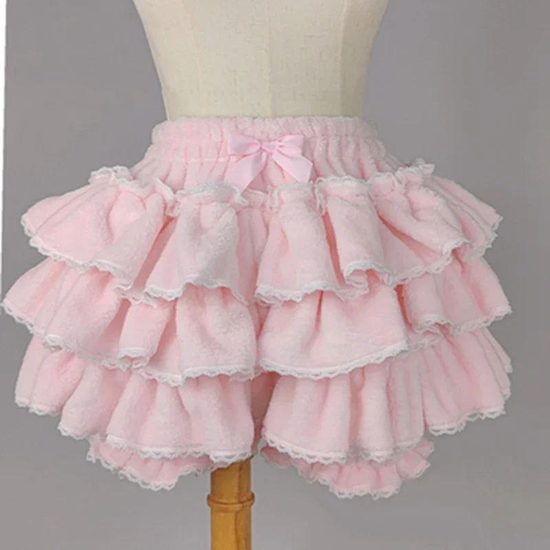 ชุดคอสเพลย์โลลิต้า กางเกงฟักทอง สีชมพูหวาน สีขาว สีดำ สไตล์ยุค 90 ฤดูใบไม้ร่วง ฤดูหนาว กางเกงขาสั้นผ้าพลัฌสไตล์ญี่ปุ่น แต่งระบาย กางเกงขาสั้นทรงโคมไฟ