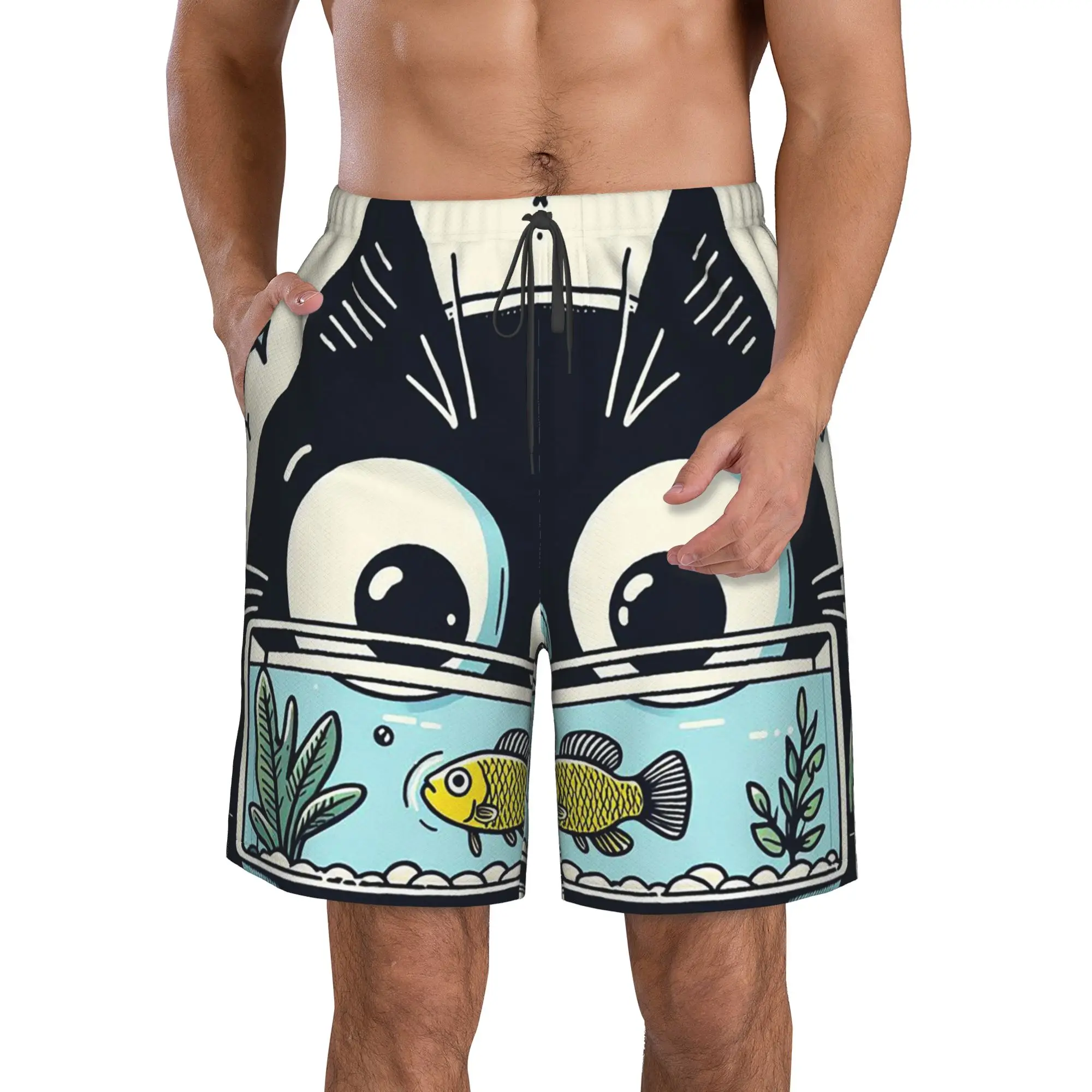 Black Cat Peeking Into Water Staring at Swimming Small Fish Trunks Beach Board Shorts Casual Quick Dry Swim Summer Men Pants