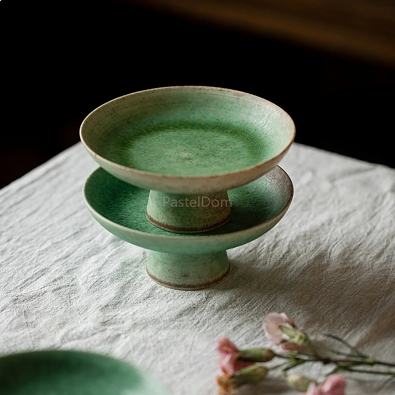 Japanese Handmade Green Kiln Change Ceramic Snack Plate Retro High Foot Dessert Tray Fruit Serving Dish