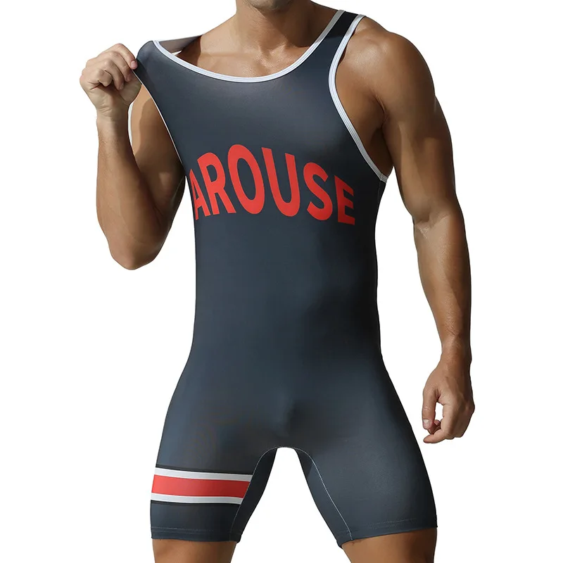 TAUWELL Letter Print Men Wrestling Singlet Stretch Athletic Gym Bodysuit Striped Sleeveless Sport Training Unitard Jumpsuit