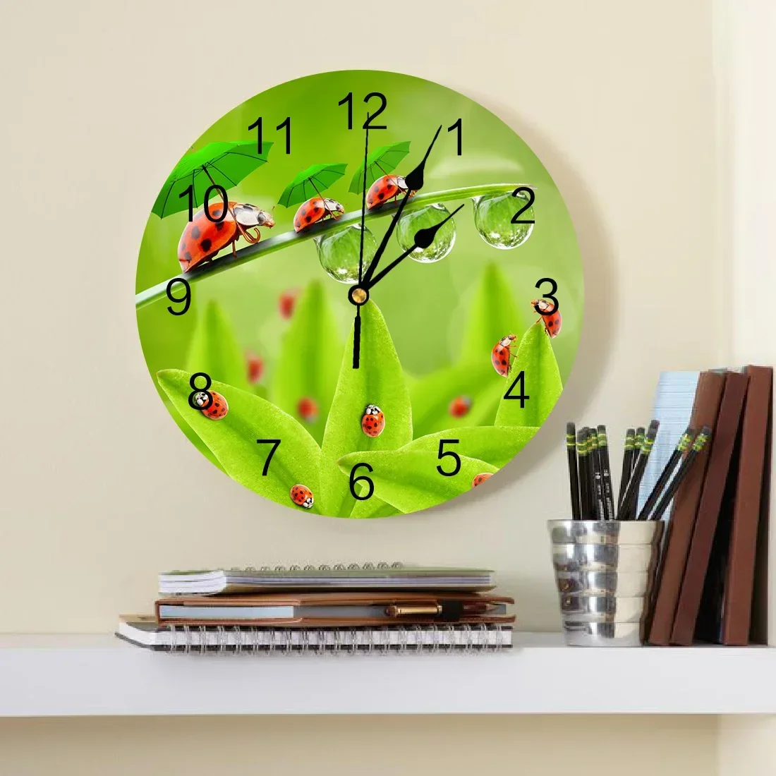 Plant Green Leaf Umbrella Ladybug Decorative Round Wall Clock Custom Design Non Ticking Silent Bedrooms Large Wall Clock