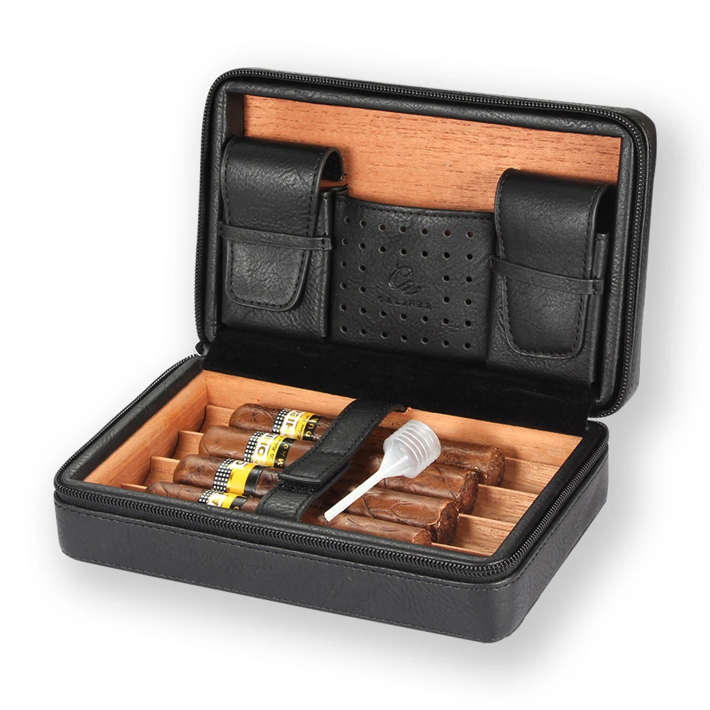 GALINER Cigar Humidor Case Charuto Cedar Wood Leather Travel Humidor Humidifier Set Gift Box (Without Lighter Cutter)