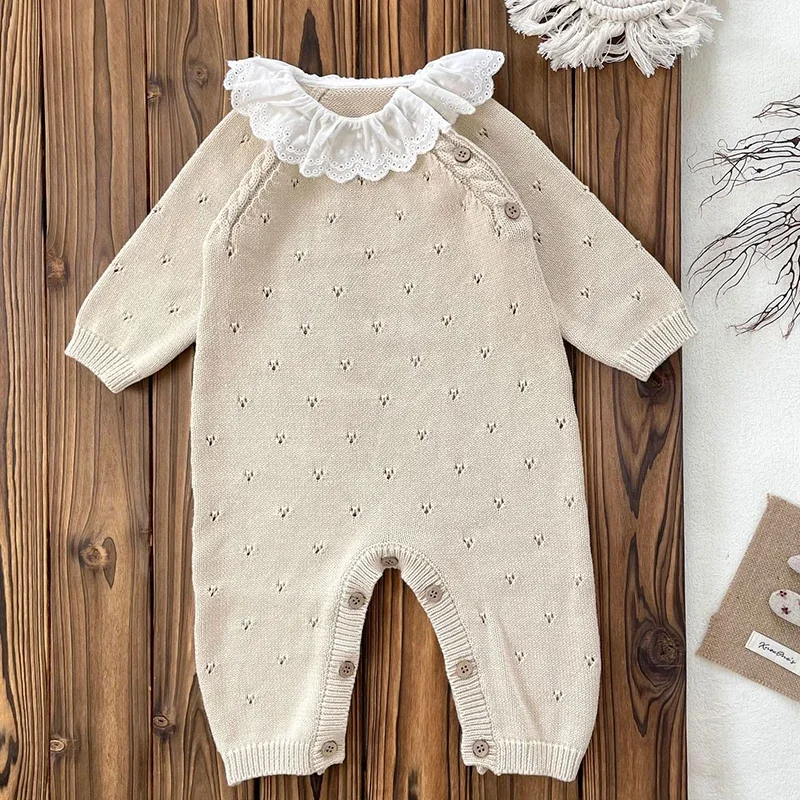 2024 New Autumn Infant Baby Knitted Romper Long Sleeved Solid Color Knitted Lace Splicing Korean Style Climbing Suit