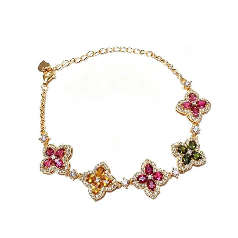 

Luxury Four-Leaf Clover Design S925 Silver Natural Colorful Sapphire Bracelet Gold Plated Adjustable Chain Bracelet for Ladi