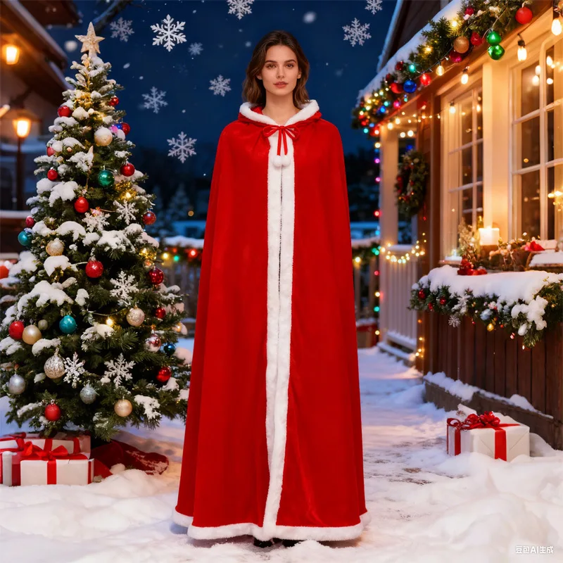 Cape à capuche de noël Super longue étendue, châle, Costume de Cosplay du père noël, tenue de fête sur scène, longueur 150 cm