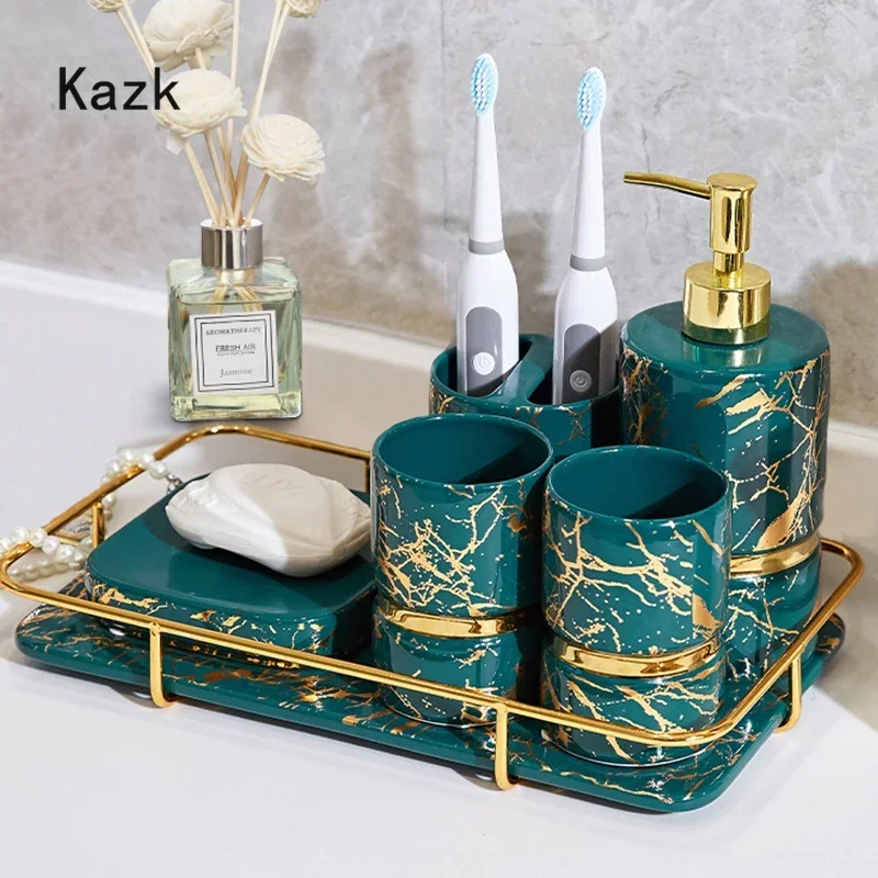 Golden Marble Texture Bathroom Accessories Set Ceramic Five Piece Set Toothpaste Dispenser Shampoo Bottle Shower Accessories