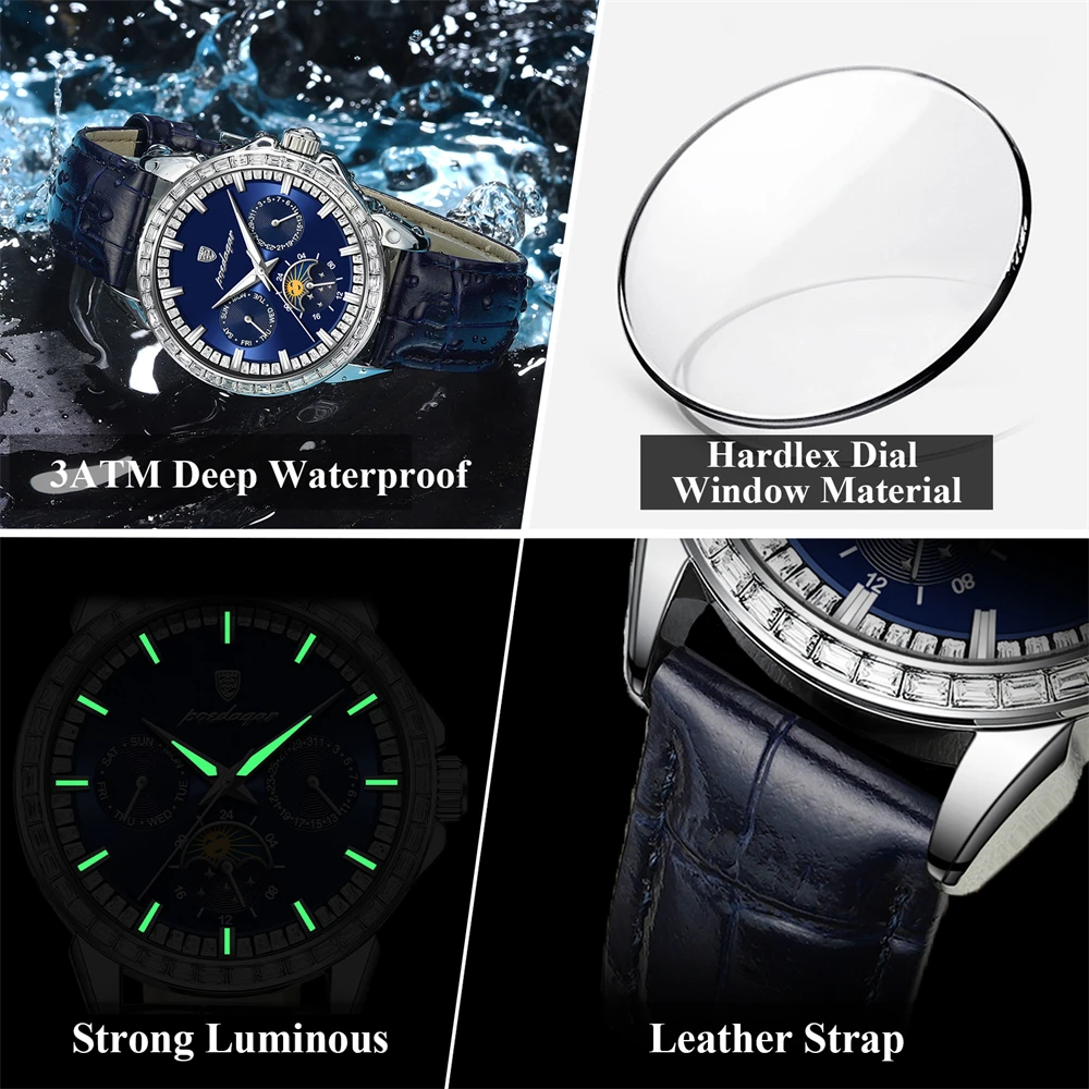 POEDAGAR Top Orologi di lusso per uomo Data settimana Orologio da uomo in pelle luminosa impermeabile Orologio da polso da uomo al quarzo moda casual Reloj
