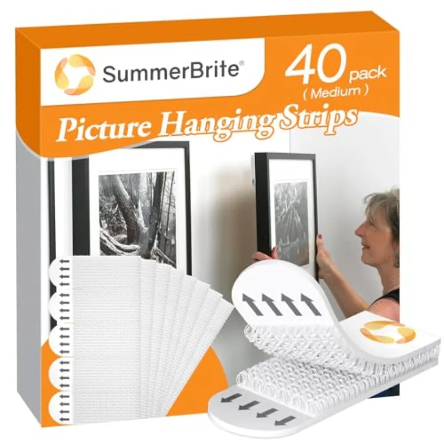 Picture Hanging Strips 40 Strips, Damage Free Removal, Wall Poster Picture Hangers Without Nails, Sticky Hook and Loop Adhesive