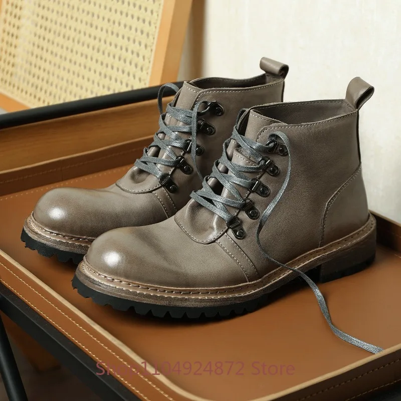 Vintage Washed Genuine Leather Outdoor Motorcycle Chelsea Boots Men's Shoes Non-slip Thick Sole Lace Up Handmade Work Boots