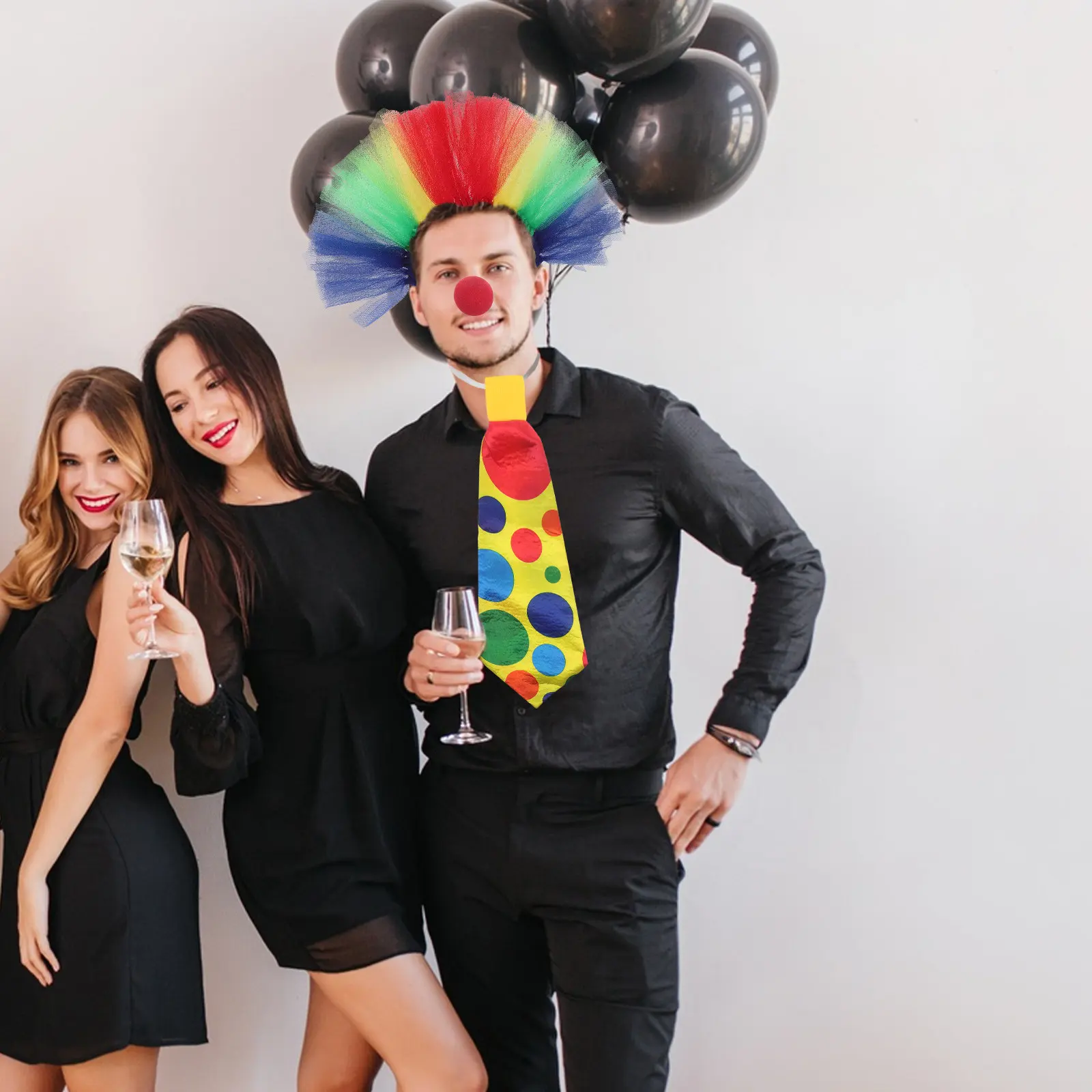 

1Set Small Clown Outfit Kit Tulle Rainbow Headdress Funny Nose Neck Piece for Halloween Circus Cosplay Photo Booth Festival Wear