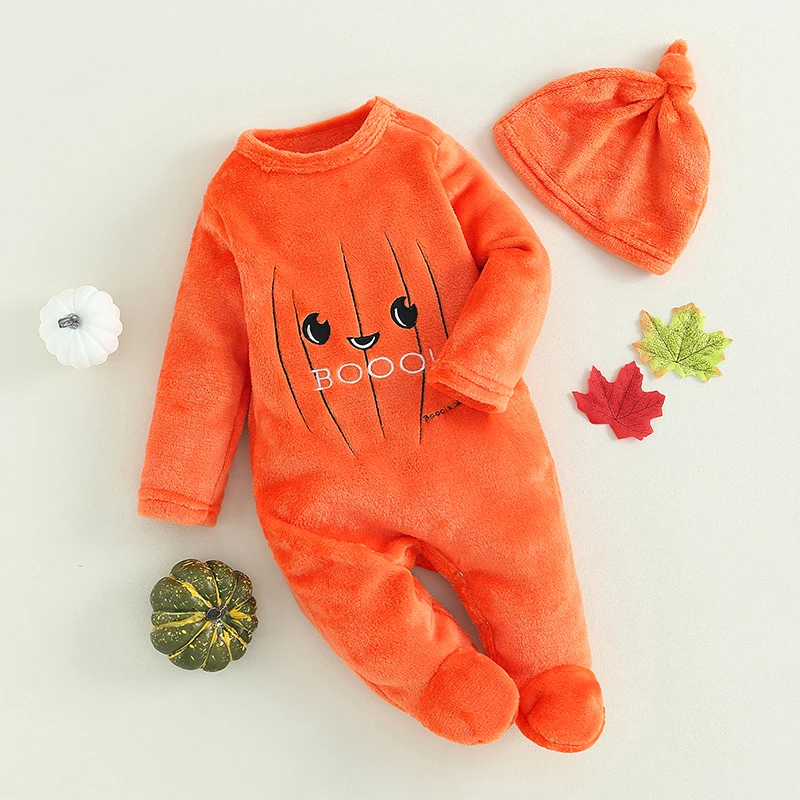 2023-07-01 Lioraitiin 0-18M Toddler Baby Boy Girl Halloween Rompers 2Pcs Pumpkin Pattern Long Sleeve Footed Jumpsuit and Hat