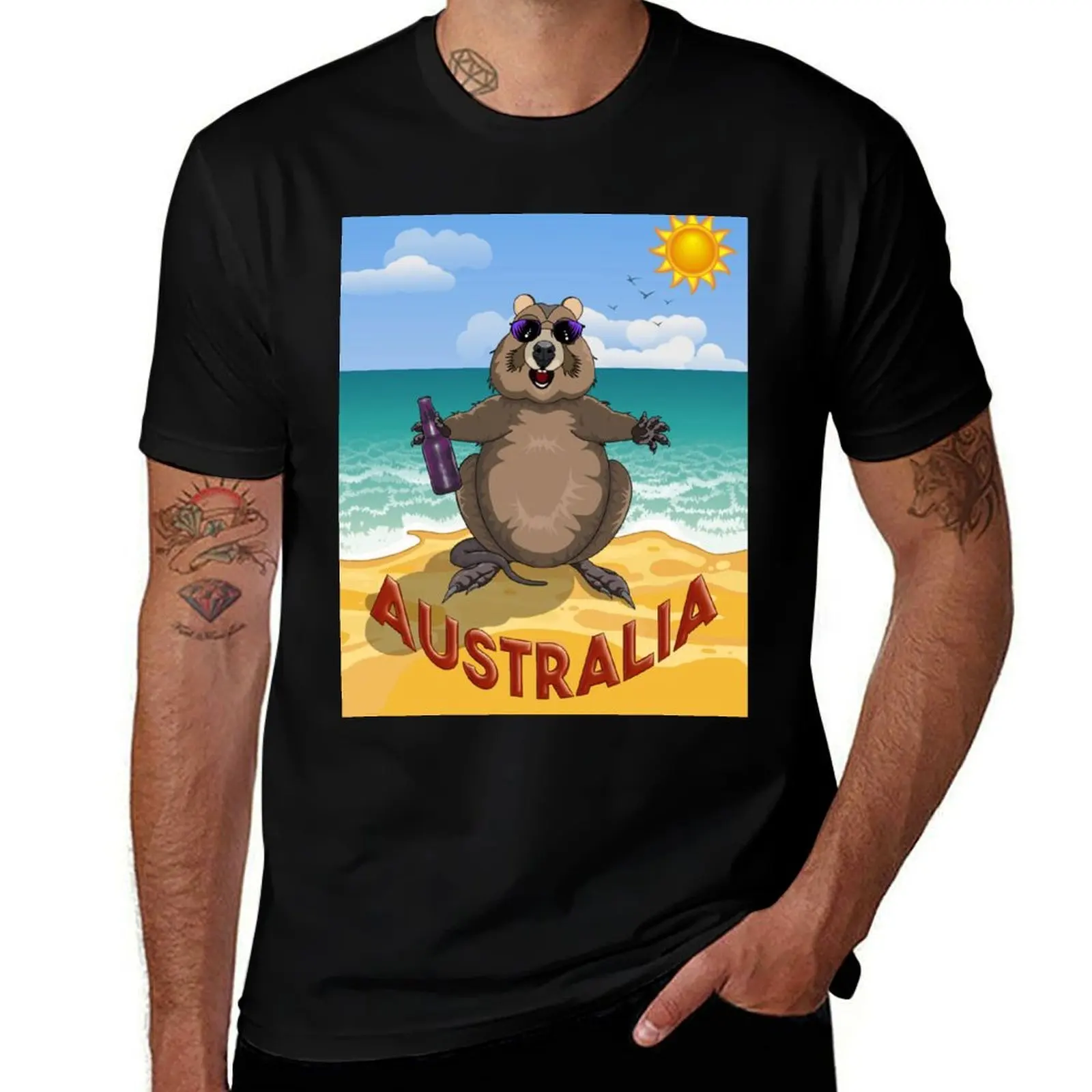 Australia! Quokka on the Beach by Amanda M Lucas T-Shirt Casual Loose Short Sleeve Tee for Men T-Shirt