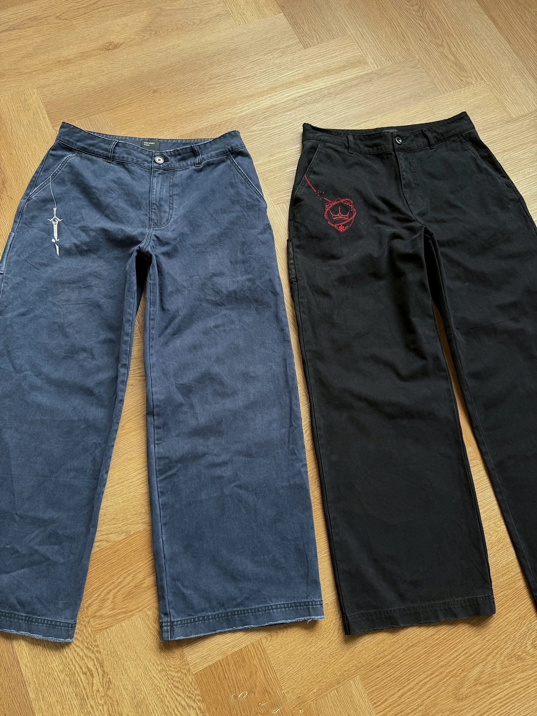 Retro American High Street Blue Washed Embroidered  Hair Casual Loose Wide Leg Workwear Jeans French Work Pants