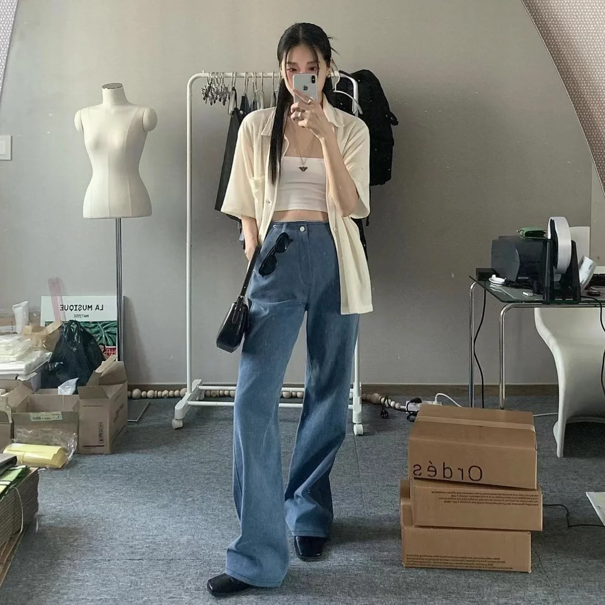 

Simple Straight Leg Jeans Casual Versatile Slimming Floor-Length Blue Denim Pants No Waist Fringe l Waist Zipper Closure