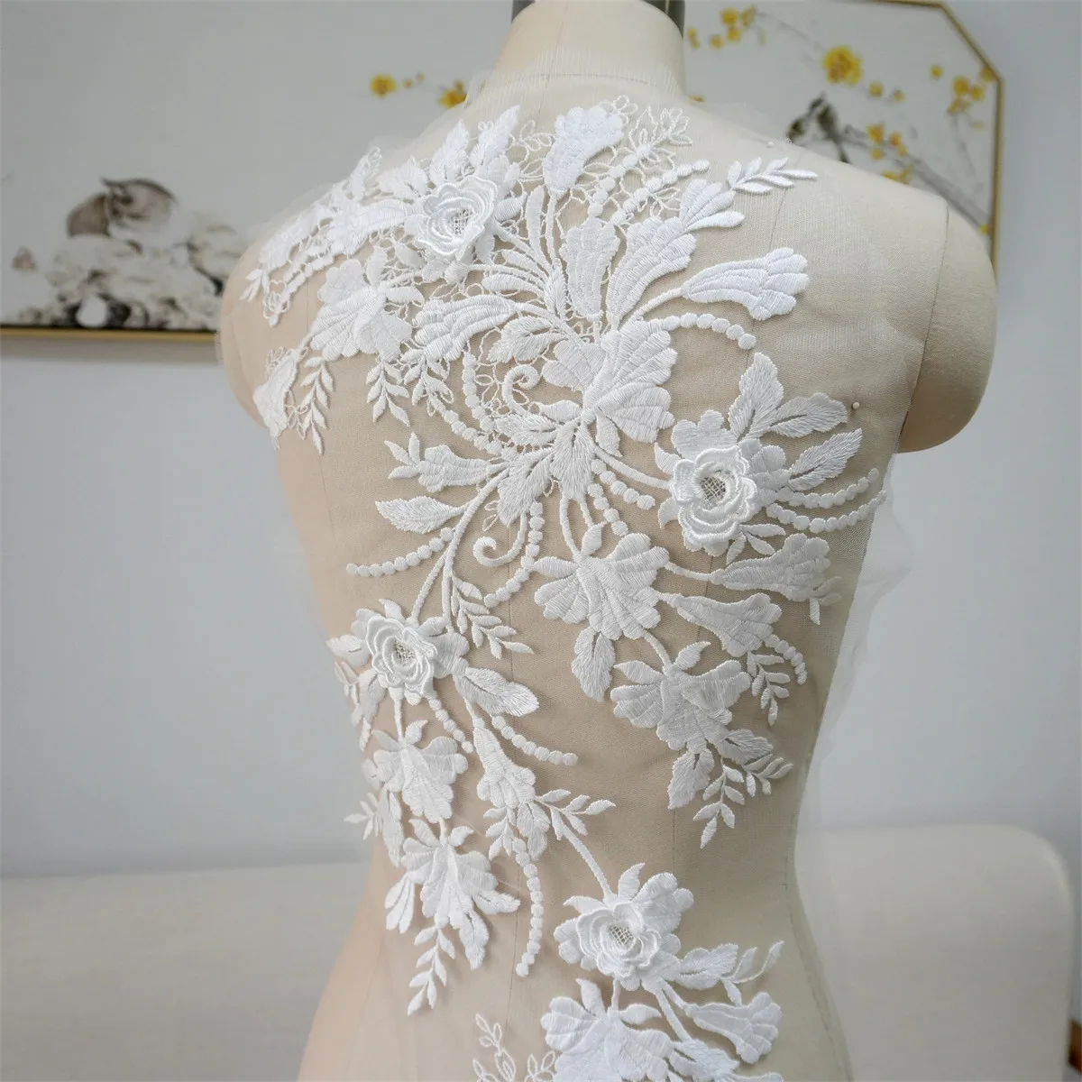 Bridal Thick Lace Fabric with Floral DIY Embroidered Back Decor Appliqued Wedding Dresses Accessories