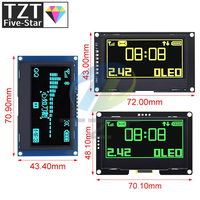 Imagem -02 - Tzt-oled Módulo de Exibição 2.42 2.42 Tela Lcd Branco Amarelo 128x64 Iic I2c Spi Serial para C51 Spd0301