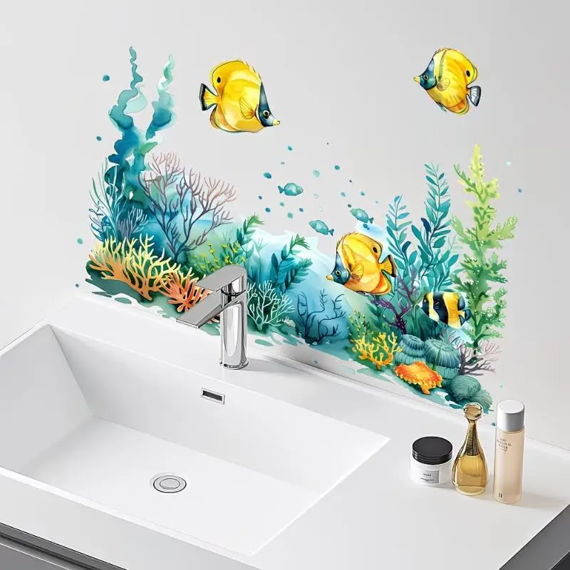Ocean Fish Wall Sticker Waterproof Removable Self-Adhesive Creative Decor Mural Suitable For Bathroom Sink Area Background Decor