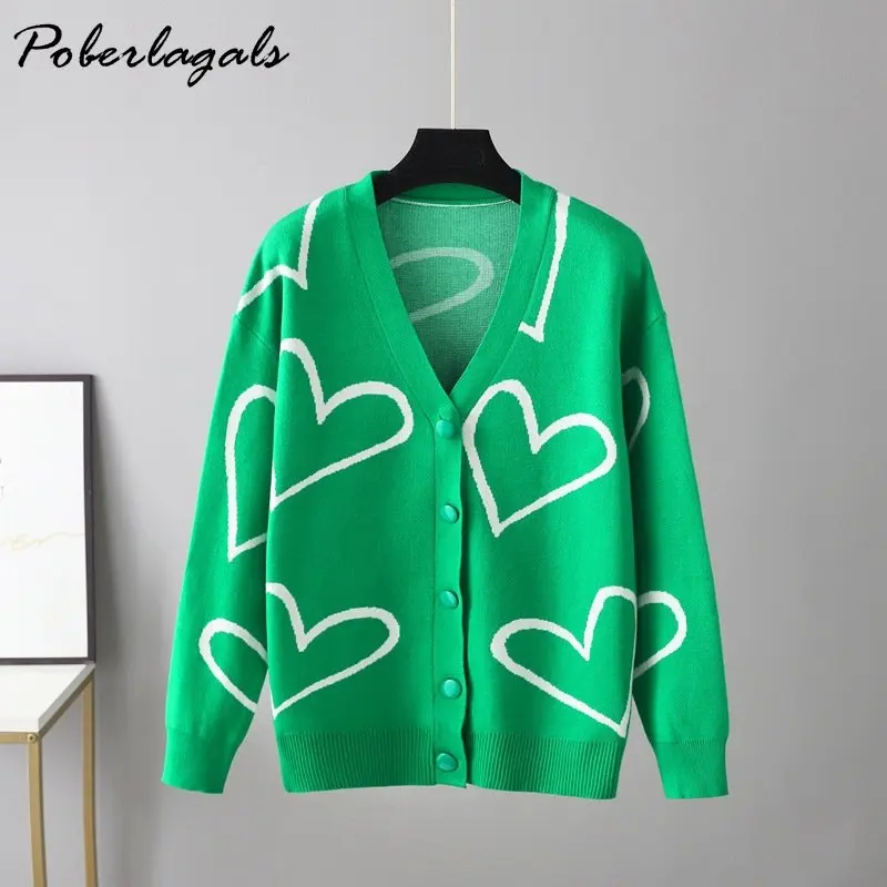 Women\'s Heart Pattern Knit Drop Shoulder Cardigan Korean V-Neck Long Sleeve Loose Sweater Oversized cardigans Female Autumn 2023