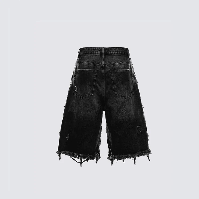 Black High Street Heavy Industry Cut Shredded Cowboy Midpants Red Satin Materials Splicing Deconstructed Zipper Wide Leg Shorts