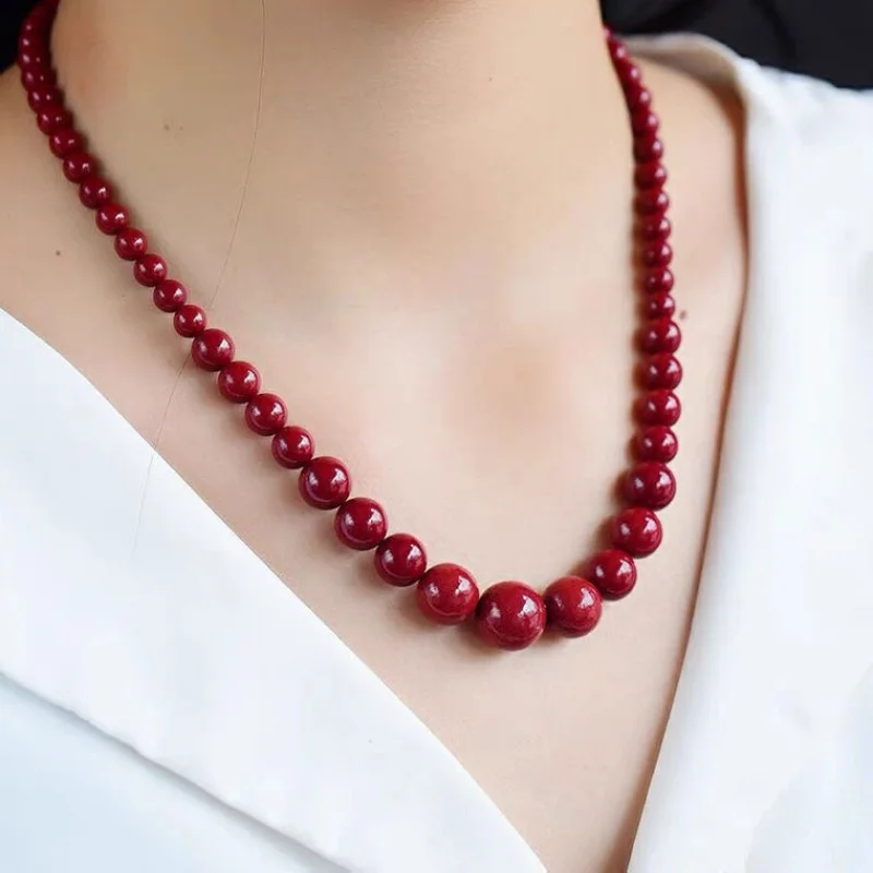 Natural Raw Ore round Beads Cinnabar Graduated Strand Sweater Chain Necklace Wholesale