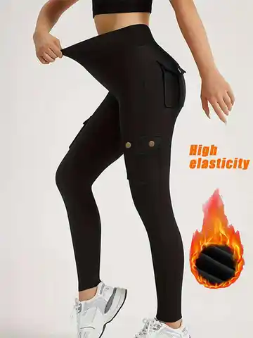 【Winter Warm】Women's High Waist Cargo Leggings with Pockets, Black Fleece Lined Thermal Pants, Stretchy Slim Fit Trousers for Co