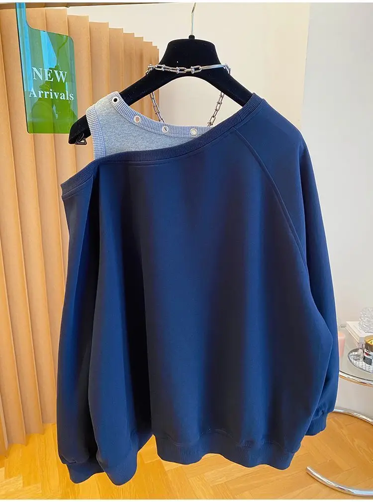 Fake Two Piece Casual Oversized Off Shoulder Sweatshirt Tops Women Designer Hollow Out Sweatshirt Fall Hoodie Jacket Outwear