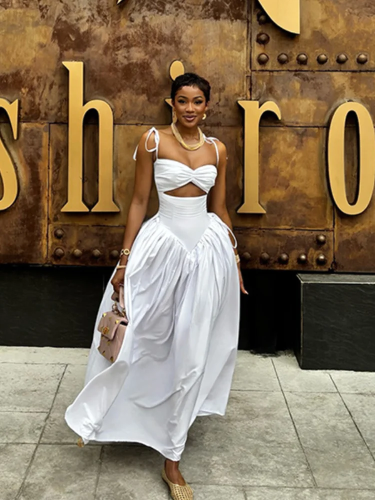 

Elegant Solid Bikini A-line Sling Dress Women Backless Sleeveless Hollow Out Bowknot Ruffle Patchwork Robe 2025 New Party Gowns