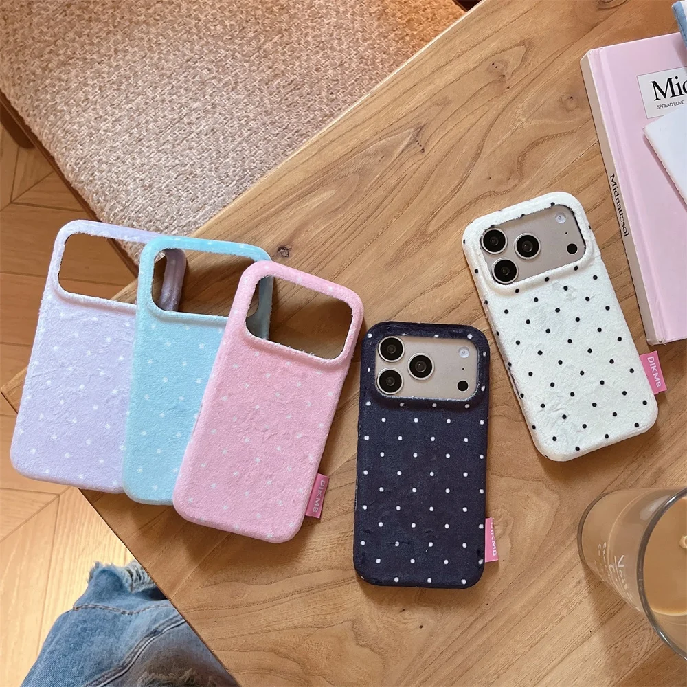 Korea Ins Cute Dotted Plush Phone Case For iPhone 18 17 16 15 14 13 Pro Max Soft Furry Winter Warm Shockproof Protective Cover
