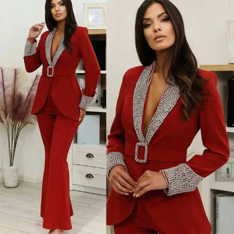 Luxury Crystals Plus Size Mother Of The Bride Pants Suits Customized 2 Pieces Jacket For Ladies Party Prom Wear
