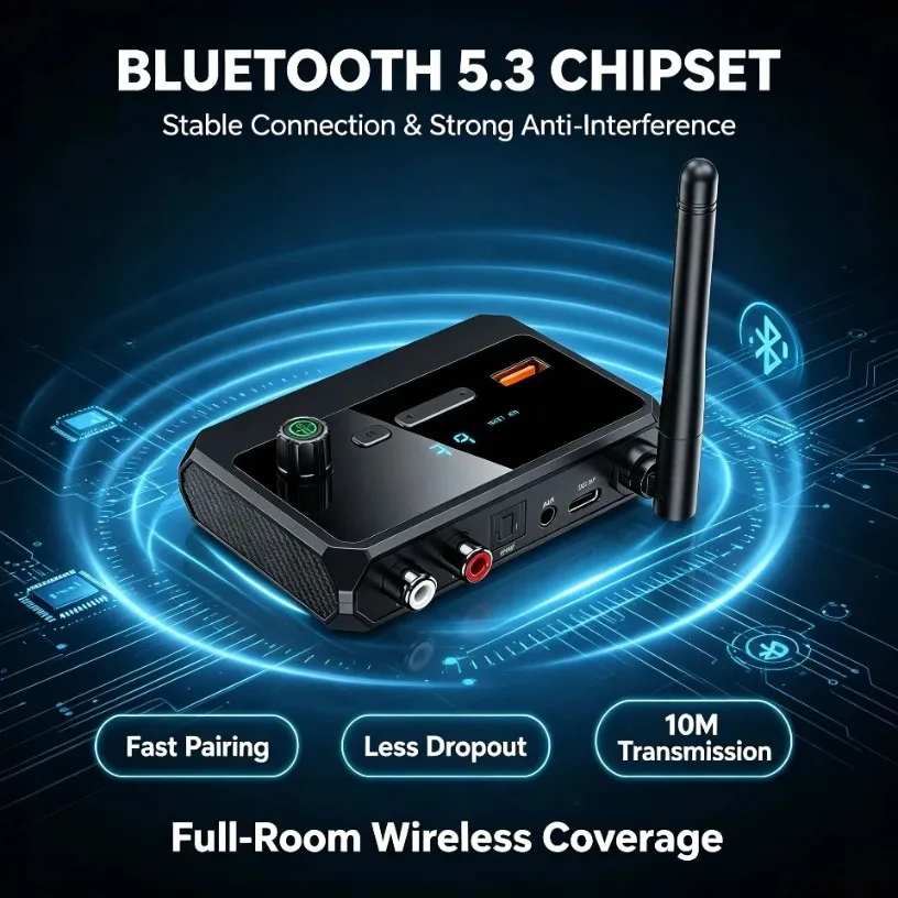 Bluetooth Receiver 5.3 Audio Adapter Optical SPDIF Out USB Playback Digital Display HiFi for Home Stereo Speaker