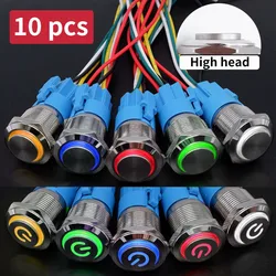 10pcs Metal Push Button Switch 12v 16/19/22mm Ring Lamp High Head LED Light Momentary Self Lock Reset with Wire 220V 5V 24V 12V
