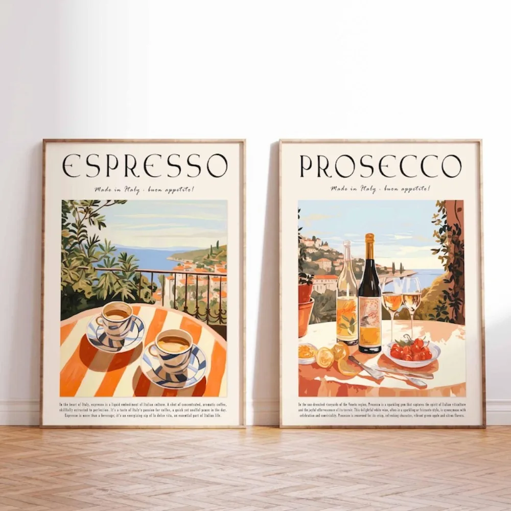 Juego de 2 carteles de espresso y prosecco, carteles de bebidas, decoración de cocina, impresión de café, decoración de café, arte de cóctel, impresiones de cócteles