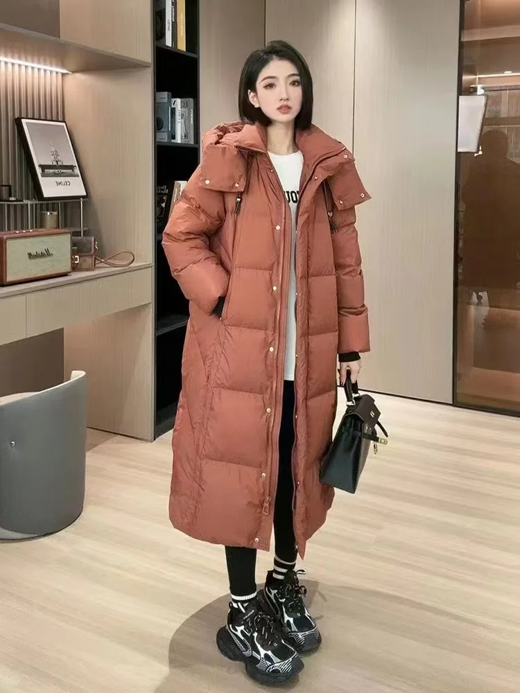 Long Coats Down Women\'s Puffer Jacket Simple Solid Color Casual Hooded Outerwears Windproof Thick Warm Snow Women\'s Down Jacket