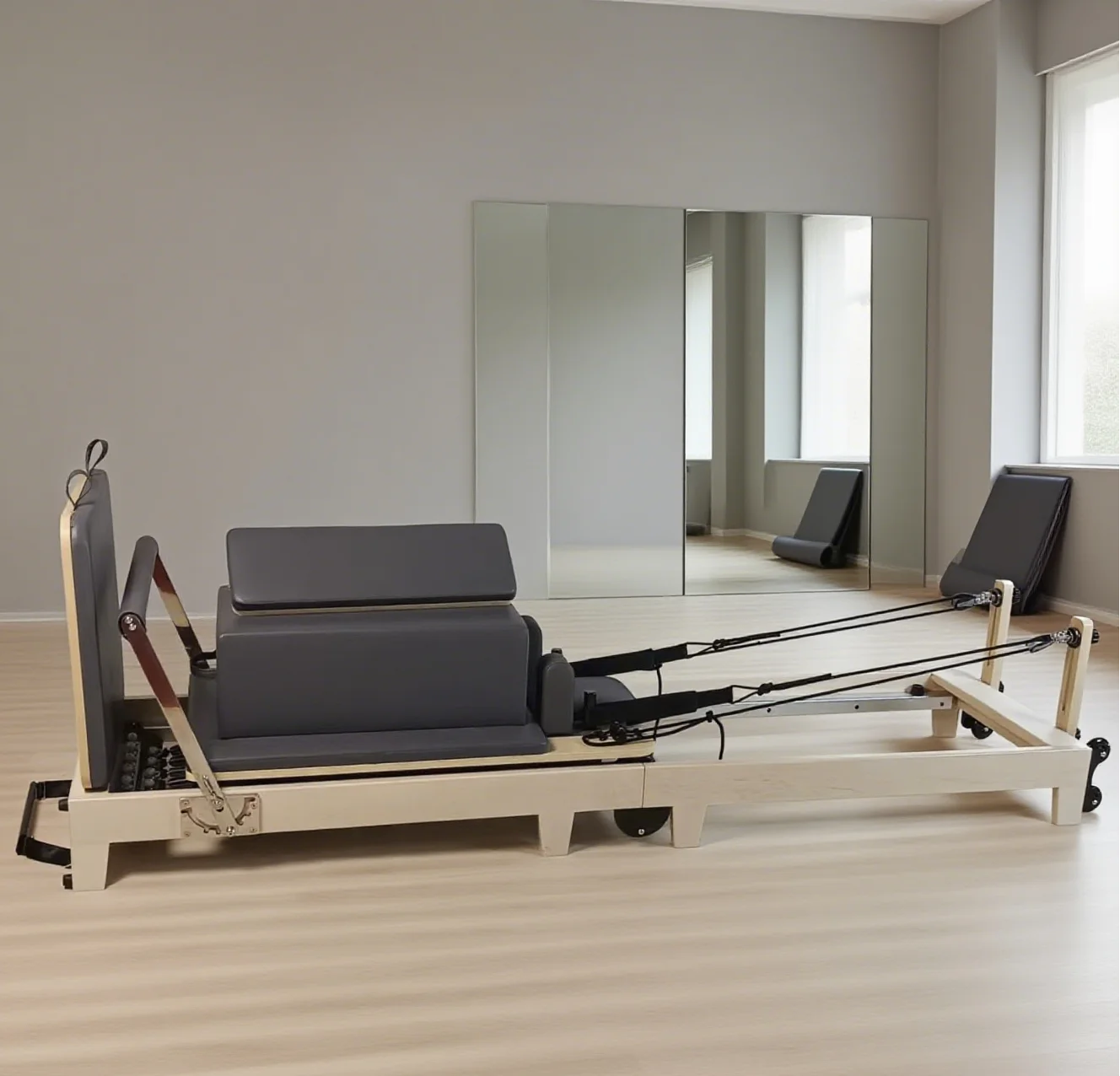 Foldable Maple Wood Pilates Reformer with Jump Board & 5 Springs, Space-Saving