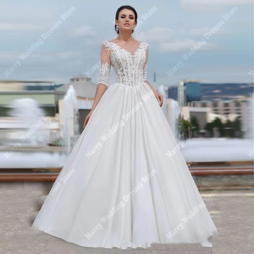 

Pretty V-Neck A-Line Women Wedding Dresses Modern Three-Quarters Sleeves Bridal Gowns Mopping Length Robes De Mariee Customized