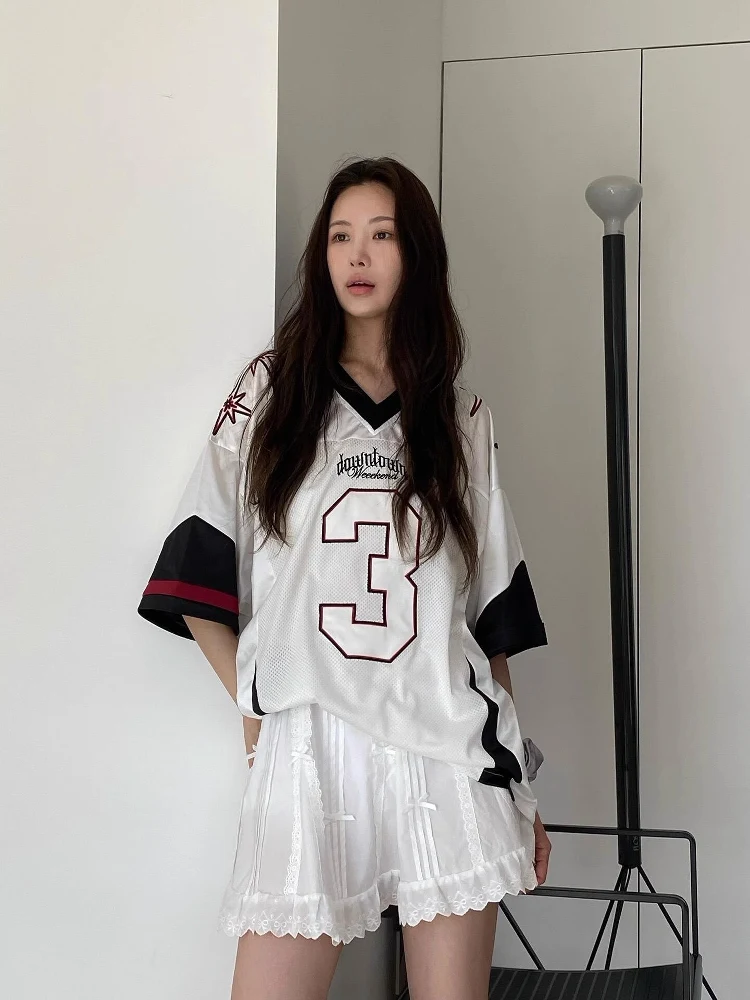 2025 رقم الاتجاه الكوري الجديد. 3 تي شيرت بأكمام قصيرة تي شيرت Lartigent American Retro Jersey للسيدات صيفي Y2K كاجوال للزوجين #3