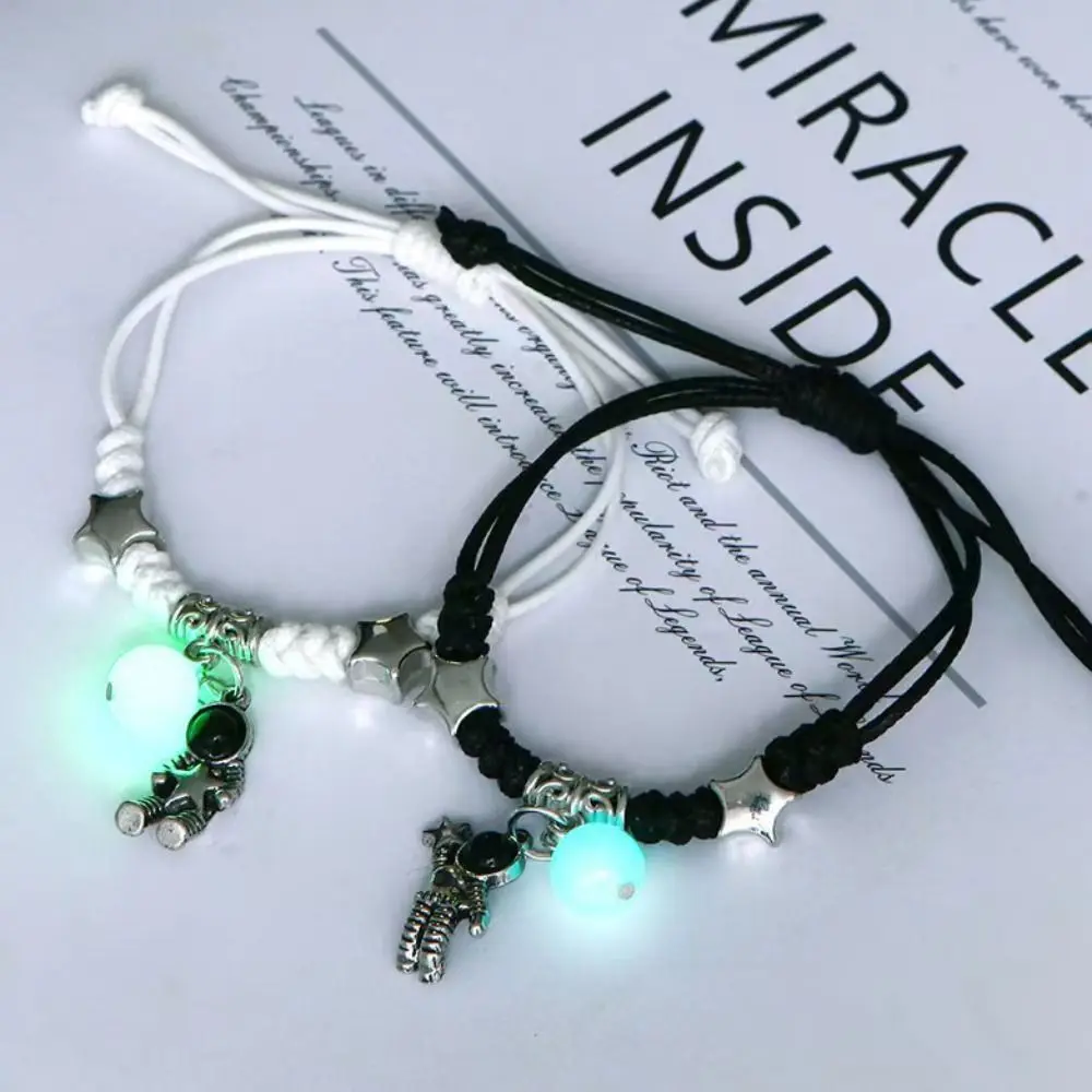 2Pcs Adjustable Luminous Beads Couple Bracelet Bracelet Jewelry Woven Rope Charms Bracelet Set Heart Cat Friendship Bracelet