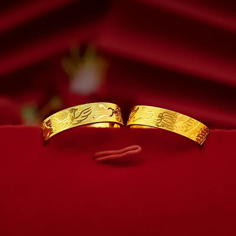 9999 Real Gold 24K Ring Women's and Men's Gold Dragon and Phoenix Wedding Ring Closed Ring