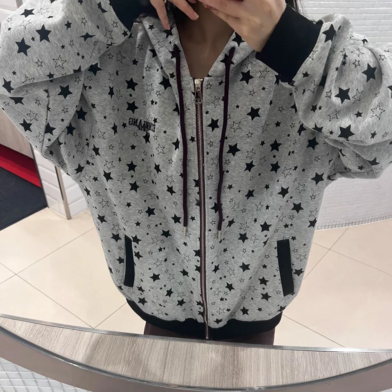 

90s Vintage Star Graphic Hoodies Y2k Girls Hip Hop Punk Zip Up Cardigan Sweatshirt Women Emo Sweatshirts Jacket Outdoor Clothes