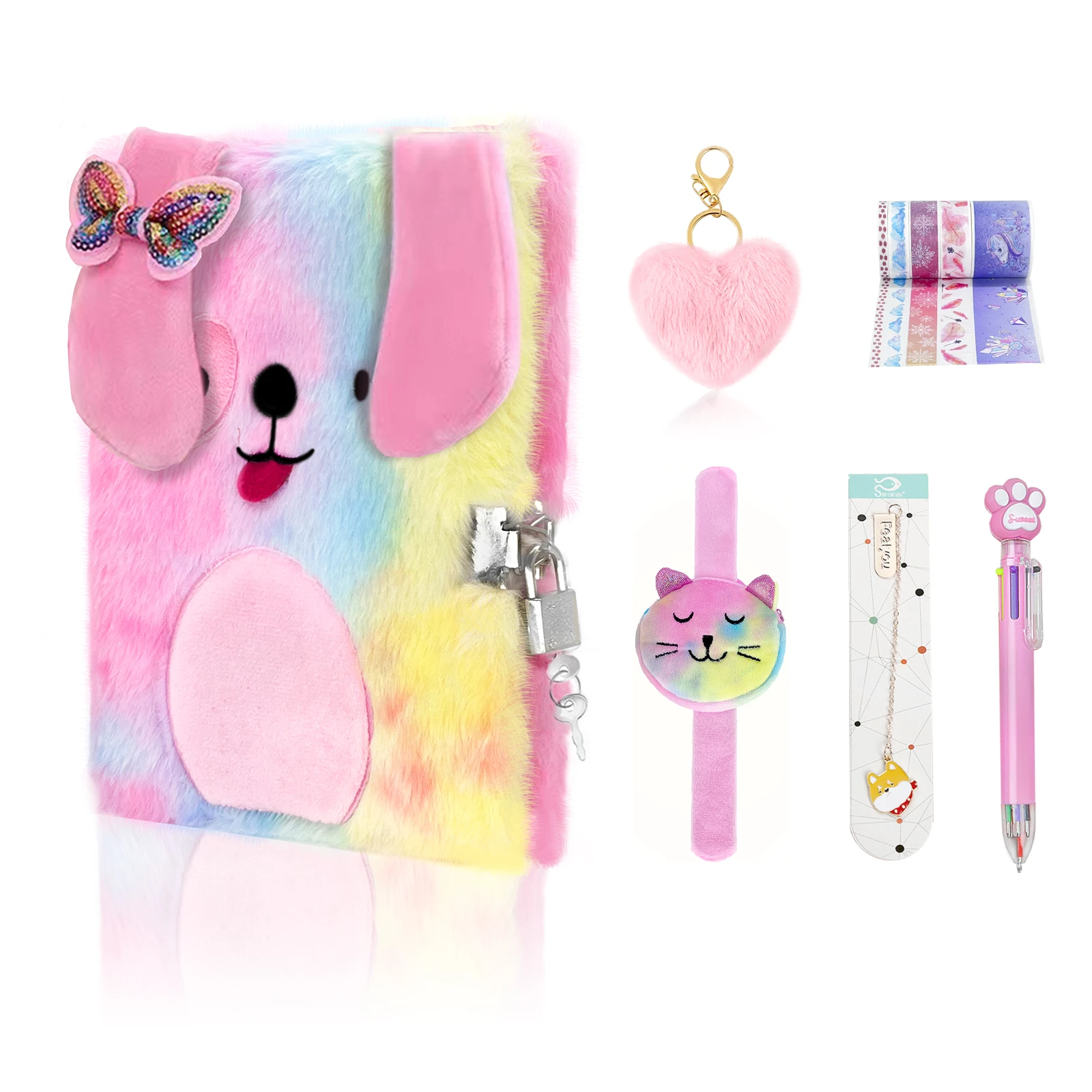 Cartoon Diary Notebooks For Girl Children Plush Dog Secret Diary With Lock And Key Notepad Memo Pads Student Stationery Gift Set