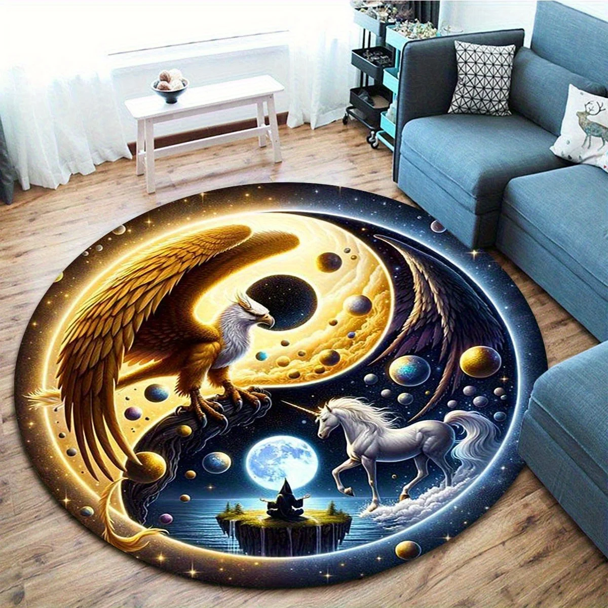 [2D planos, no 3D] Viene con 2 alfombrillas antideslizantes. Alfombrilla redonda con diseño de águila y caballo, alfombrilla interior antideslizante y sin cobertizo para dormitorio, sala de estar R