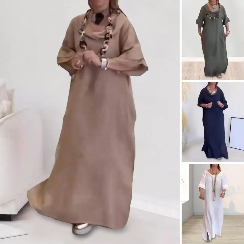 

Women Dress Elegant Summer Maxi Dresses with Pockets Side Split for Women Stylish Half Sleeves Loose Round Neck for Ladies