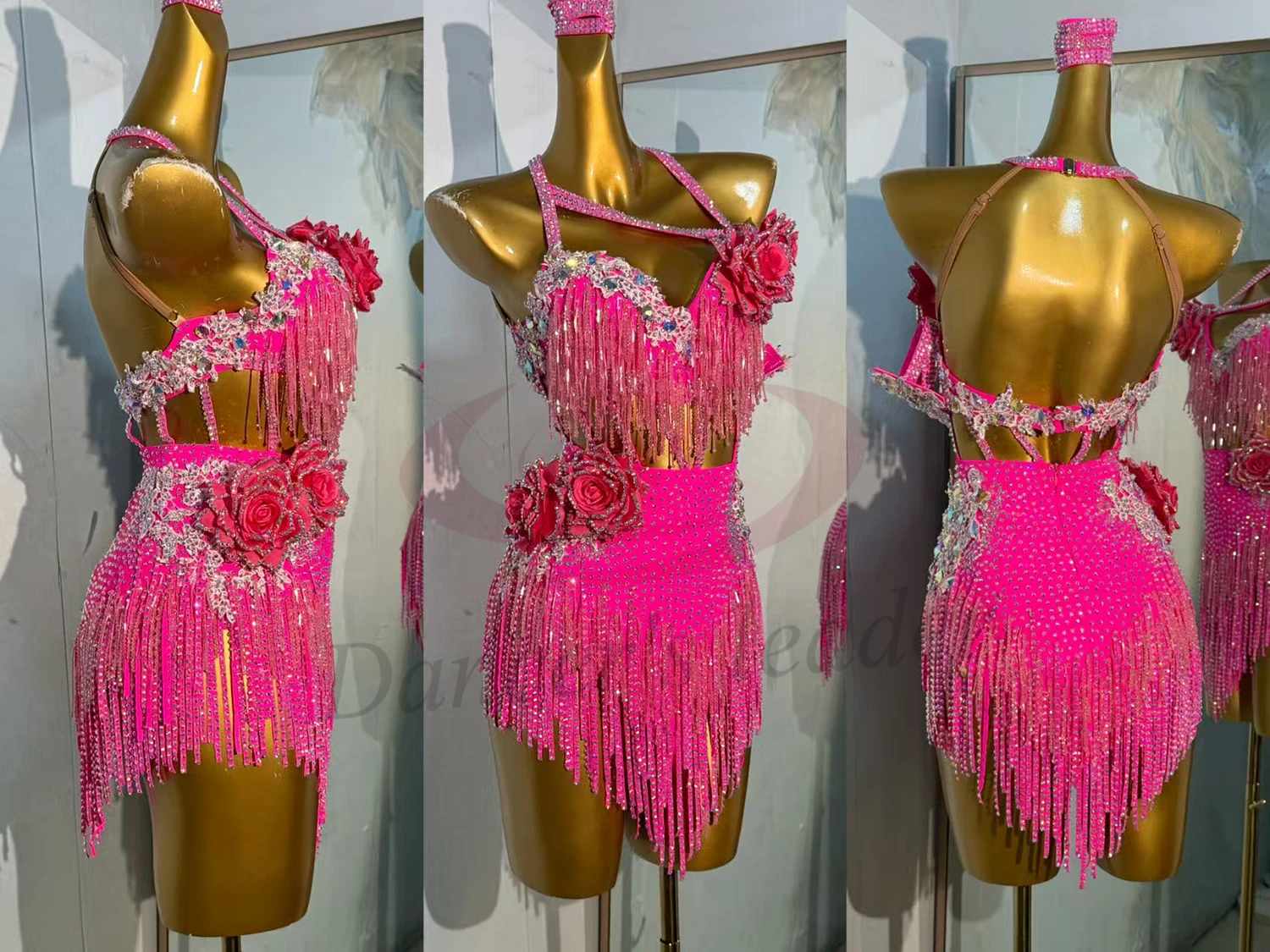 ชุดเต้นรำละตินระดับไฮเอนด์สั่งทำพิเศษลายดอกกุหลาบสามมิติประดับเพชรลายทางพู่ห้อยสำหรับเต้นแทงโก้สำหรับผู้ใหญ่และเด็ก