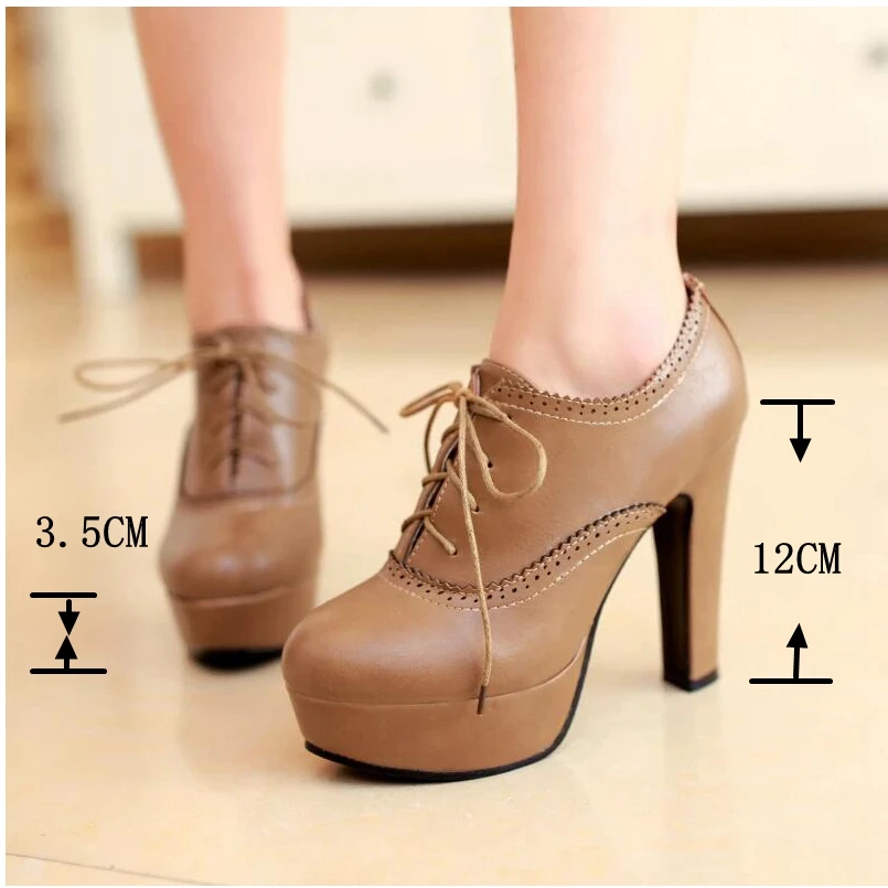 SIMLOVEYO Womens Pumps Platforms Bullock Round Toe Lace Up 12CM Spike Heels Shoes US15 16 Black Khaki Beige A4205