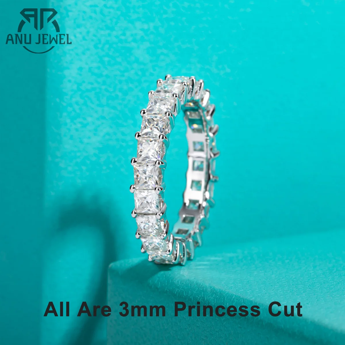 

AnuJewel 3mm Princess Cut D Color Moissanite Eternity Band 925 Sterling Silver 18k Gold Plated Wedding Rings Jewelry Wholesale